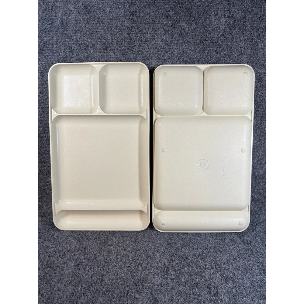 Vintage Tupperware Divided Lunch Trays Set of 2 Almond Cream 4 Compartment 15x9